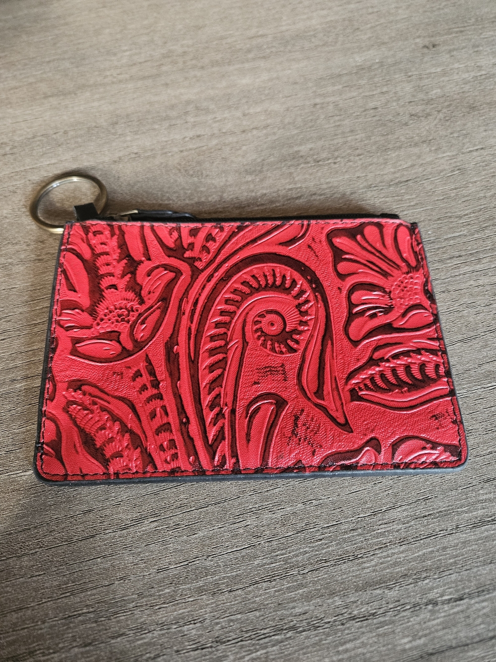 Red Tooled Leather Card Holder Keyring - Women Accessories - NWOT